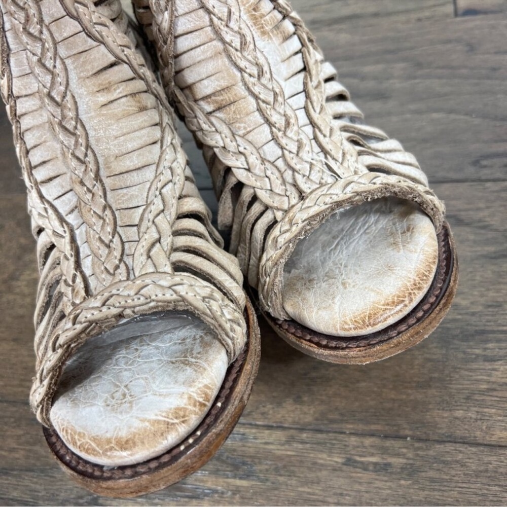 FREEBIRD Bela Open Toe Distressed Leather Booties Rustic Taupe Sz 8 EUC - Picture 3 of 11